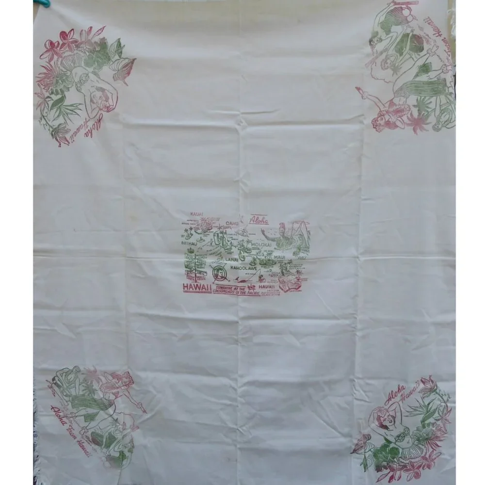 Vintage Hawaiian Tapestry Aloha Hawaii Hula Girls Tropical Print Kitsch 52 x 56